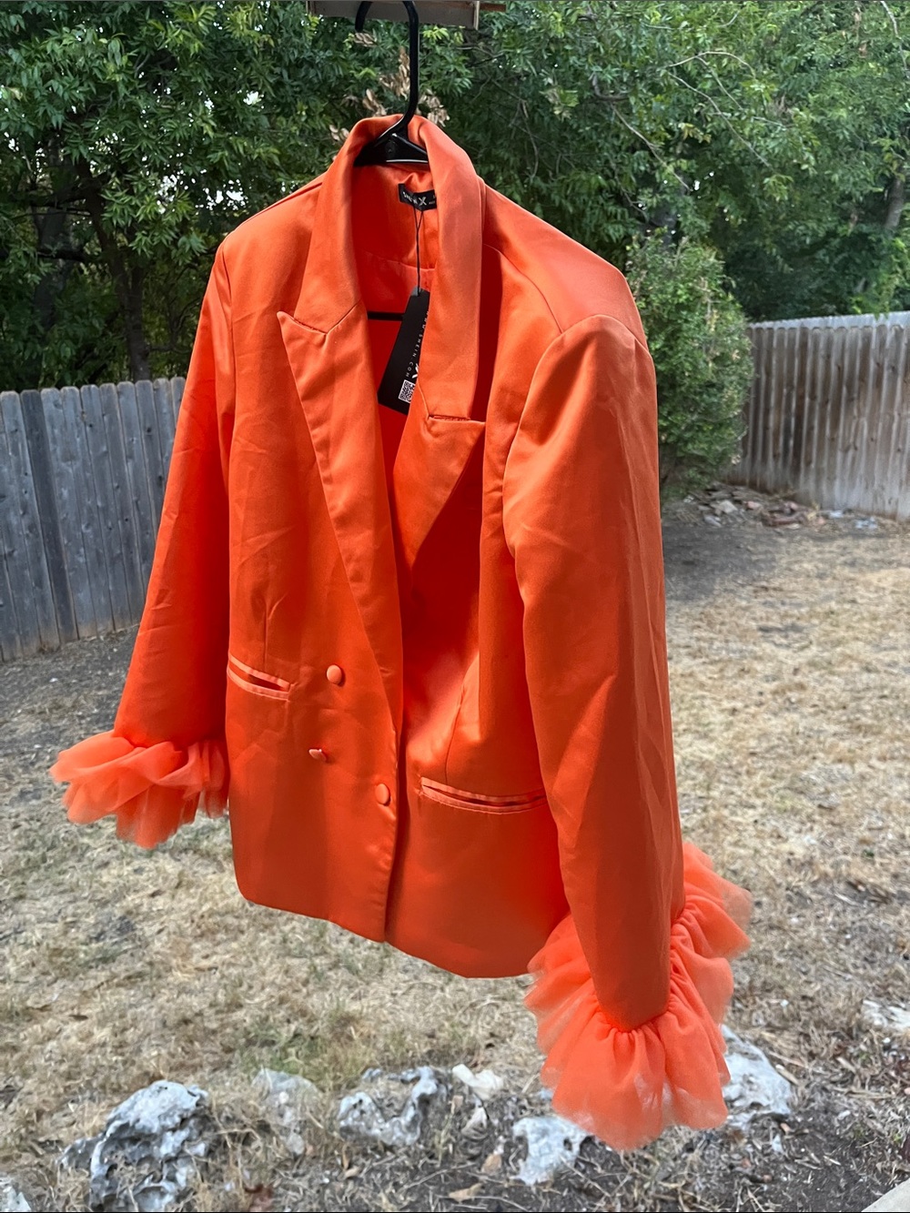 NWT SHEIN Bright Orange Double-Breasted Blazer with Tulle Cuffs